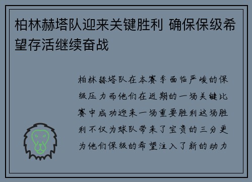 柏林赫塔队迎来关键胜利 确保保级希望存活继续奋战