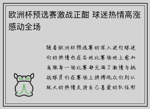 欧洲杯预选赛激战正酣 球迷热情高涨感动全场